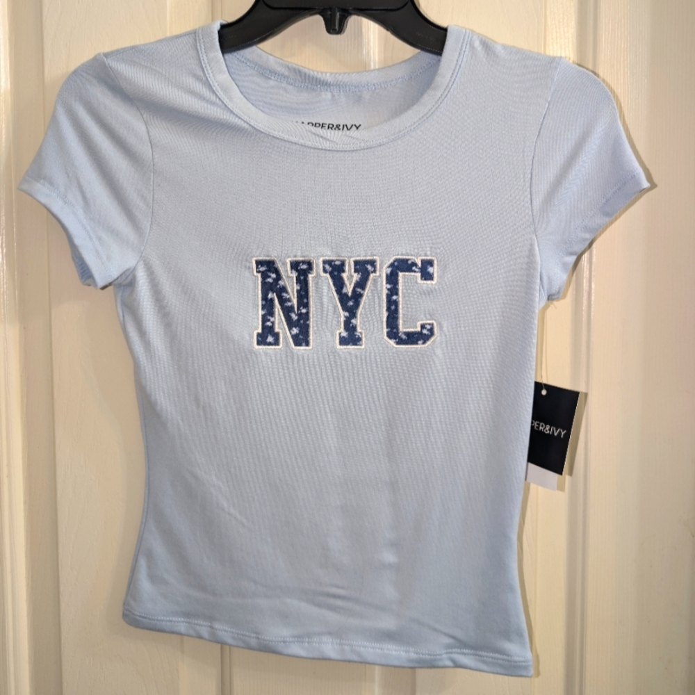 NWT Juniors Small Harper&Ivy Sky Blue NYC Graphic Tee